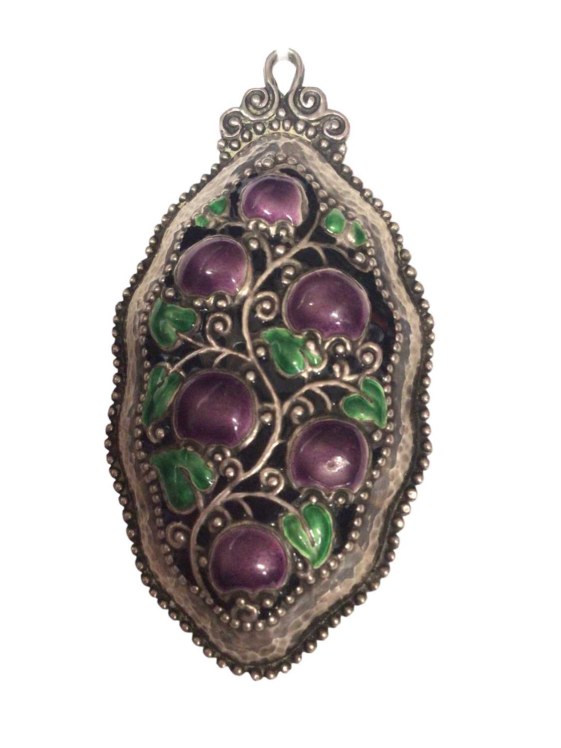 Continental silver (800) leaf shaped pendant with purple, green and black enamelled fruit decoration