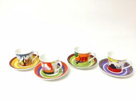 Seven Wedgwood Clarice Cliff limited edition Cafe Noir cups and saucers - Red Autumn, Tulip, Monsoon
