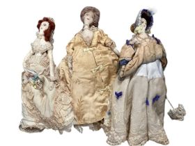 Victorian handmade fabric fashion dolls, in period dress and accessories. white kid leather lower le