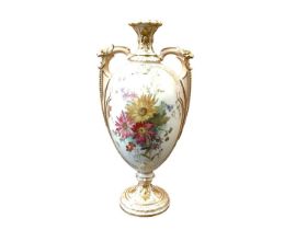 Royal Worcester blush ivory twin handled vase with floral decoration, numbered 2330, 32cm high