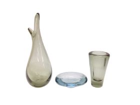 Four Danish Holmegaard glass items to include duckling beak vase, another vase and two small bowls,