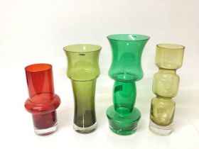 Four Scandinavian glass vases, makers include Riihimaen Lasi Oy, Riihimaen Tamara Aladin and Aseda B