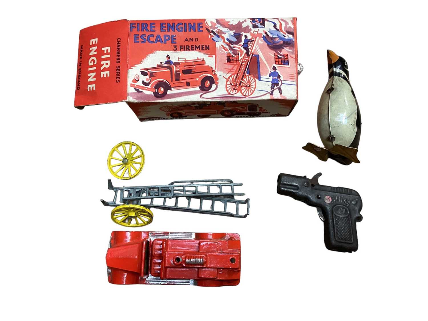 Merit vintage Driving Test game, tin plate clockwork penguin, Charbens Series Fire Engine & pistol ( - Image 2 of 2