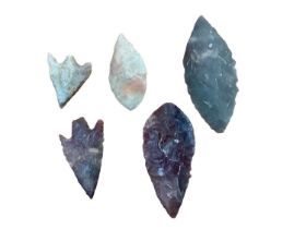 Five ancient flint arrow and spearheads, probably North American