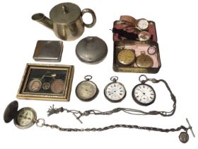 Two silver cased pocket watches, two white metal fancy link watch chains, pocket barometer, compass