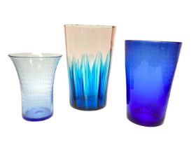 Good quality blue and pink tinted glass vase, 30cm high, together with two blue Whitefriars vases, 2