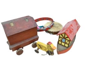 Wooden Noah's Ark with wooden and plastic animals, two other portable buildings with contents, Golly