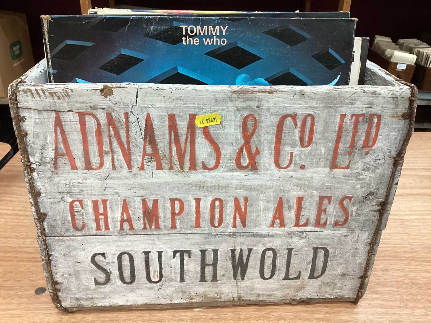 Adnams beer crate, c1950s, painted white with ‘Adnams and Co Ltd Champion Ales’ in red, and ‘Southwo