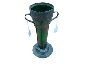 Art Nouveau pewter two handled vase with green glass liner