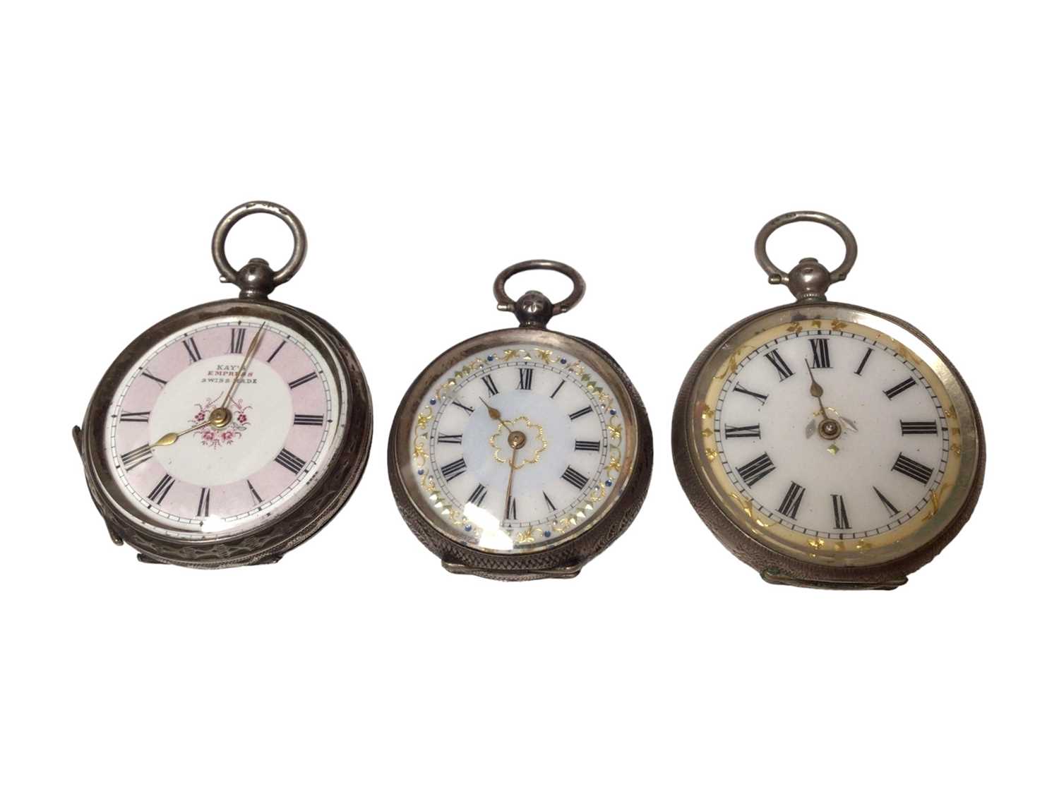 Three late 19th century ladies silver fob watches with painted and jewelled enamel dials