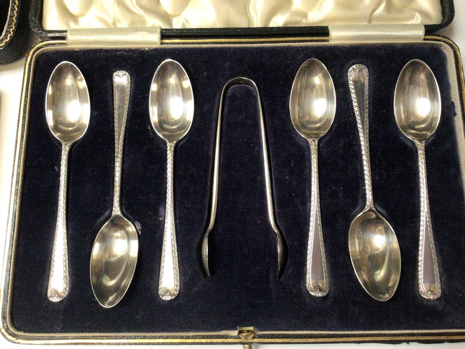 Set of six silver bean end coffee spoons, set of six silver teaspoons and pair of sugar tongs, silve - Image 5 of 5