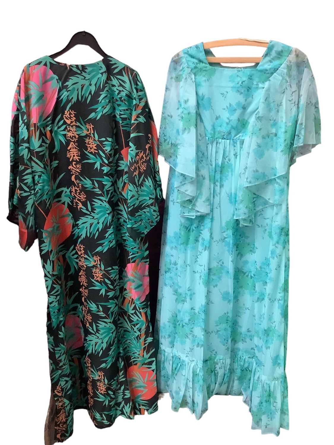 1970s evening dresses including oriental inspired printed chiffon by California, floaty pale blue an