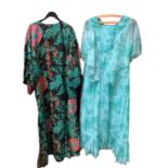 1970s evening dresses including oriental inspired printed chiffon by California, floaty pale blue an