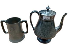 Two shooting trophies, a teapot presented to Mr T. Swindon 1879, and a pewter quart tankard to 'B' C