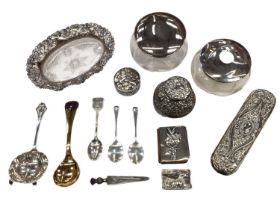 Group of silver items to include silver mounted glass inkwell, silver mounted glass powder jar and h