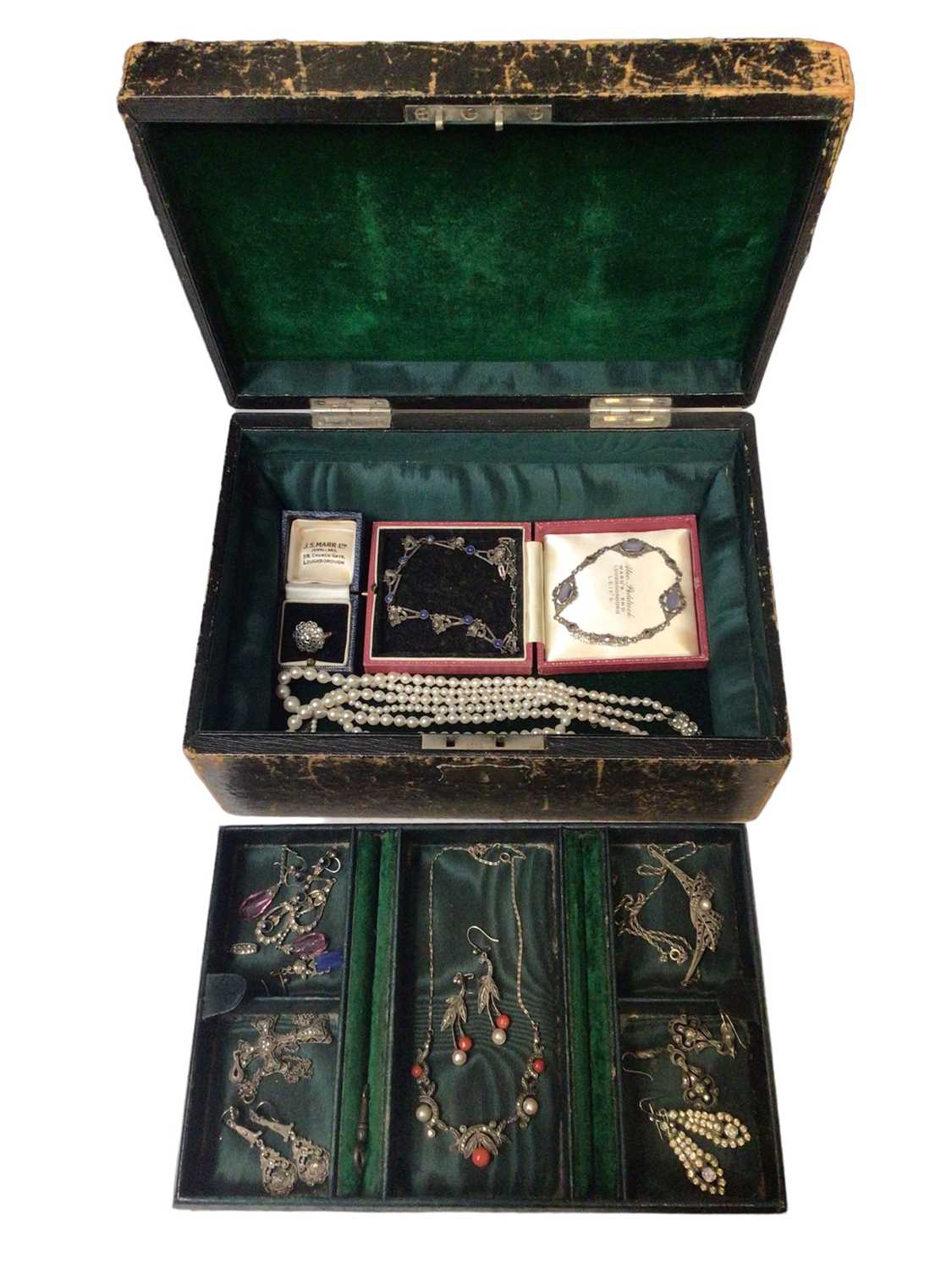 Victorian jewellery box containing silver and marcasite jewellery