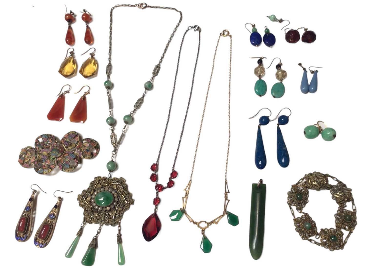 Small selection of vintage Czechoslovakian jewellery, group of semi-precious stone earrings, two pen