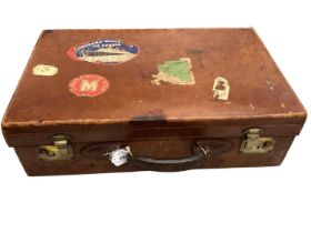 Leather suitcase with Cunard White Star labels - 'Queen Elizabeth New York to Southampton' - lever a