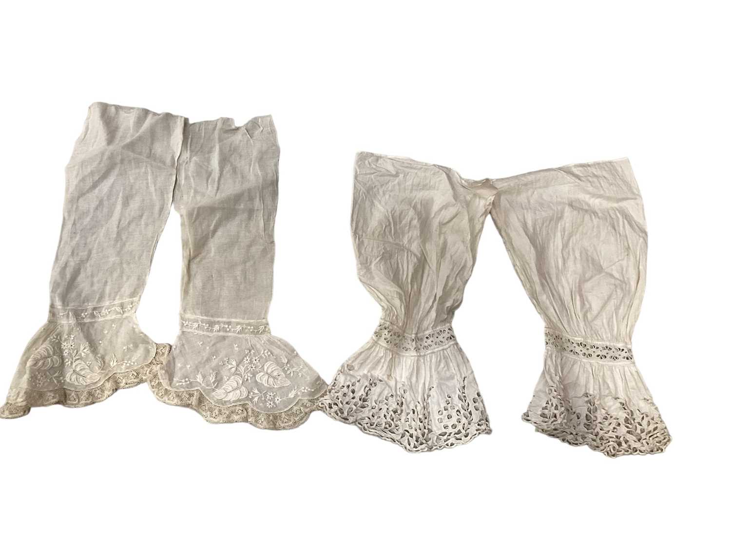 Pair of Victorian white cotton detachable sleeves with cut-out work cuffs, pair of detached muslin s