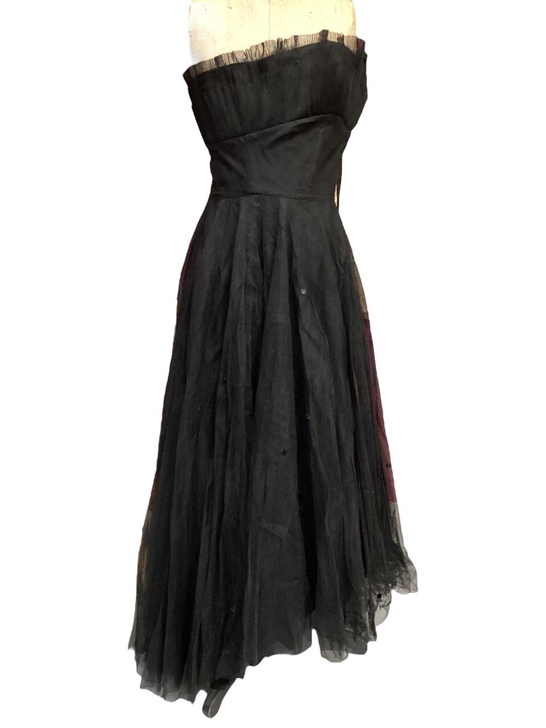 1950s black cocktail dress (label cut), Frank Usher black evening dress with looped underskirt plus - Image 2 of 3