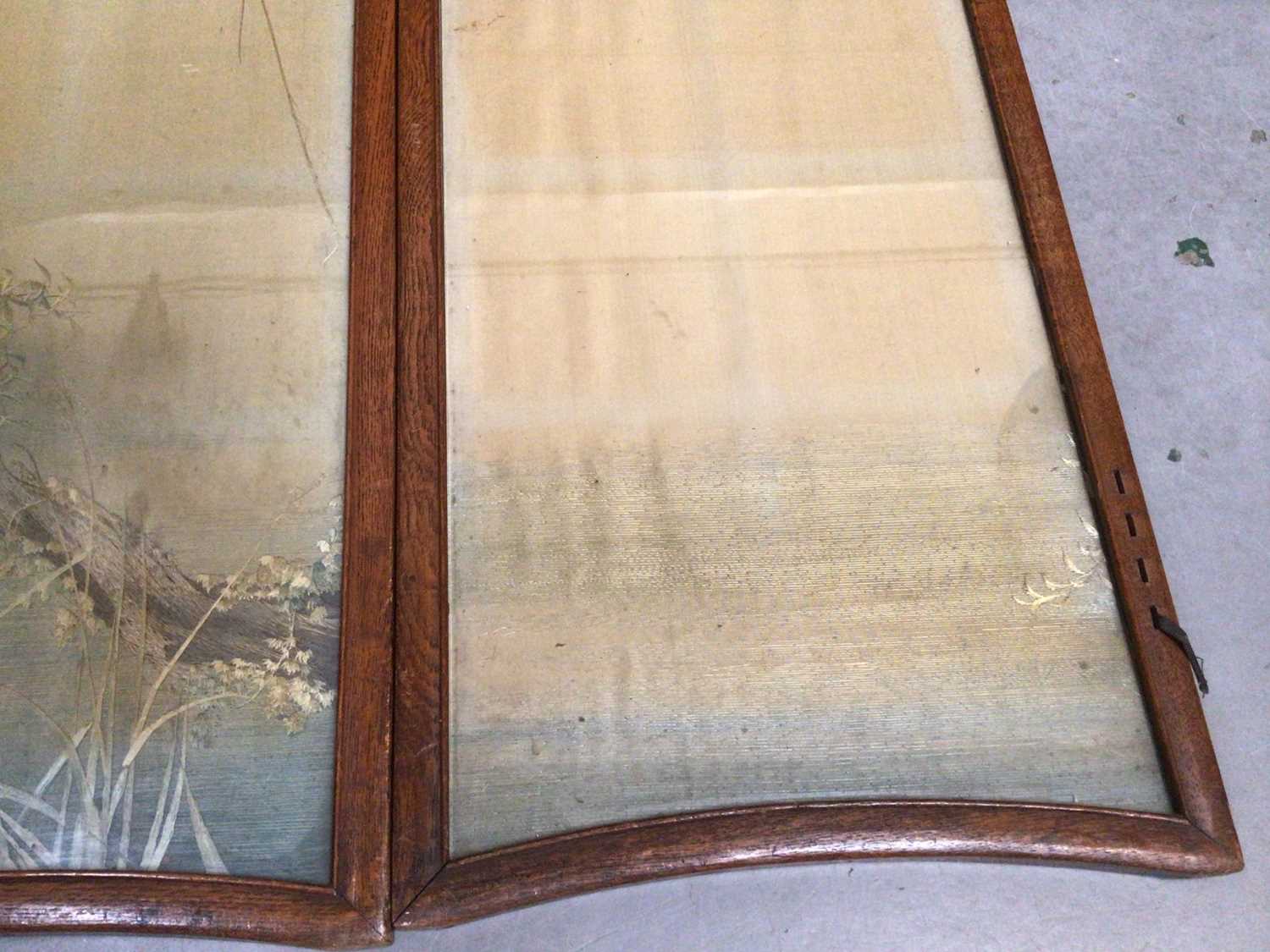 Four Japanese embroidered silk panels in oak interlacing frames making up a small folding screen, mu - Image 4 of 21