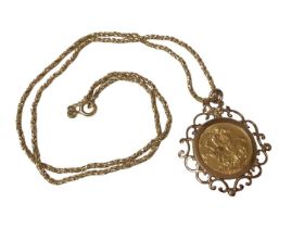 George V gold sovereign, 1927 in 9ct gold pendant mount on 9ct gold chain