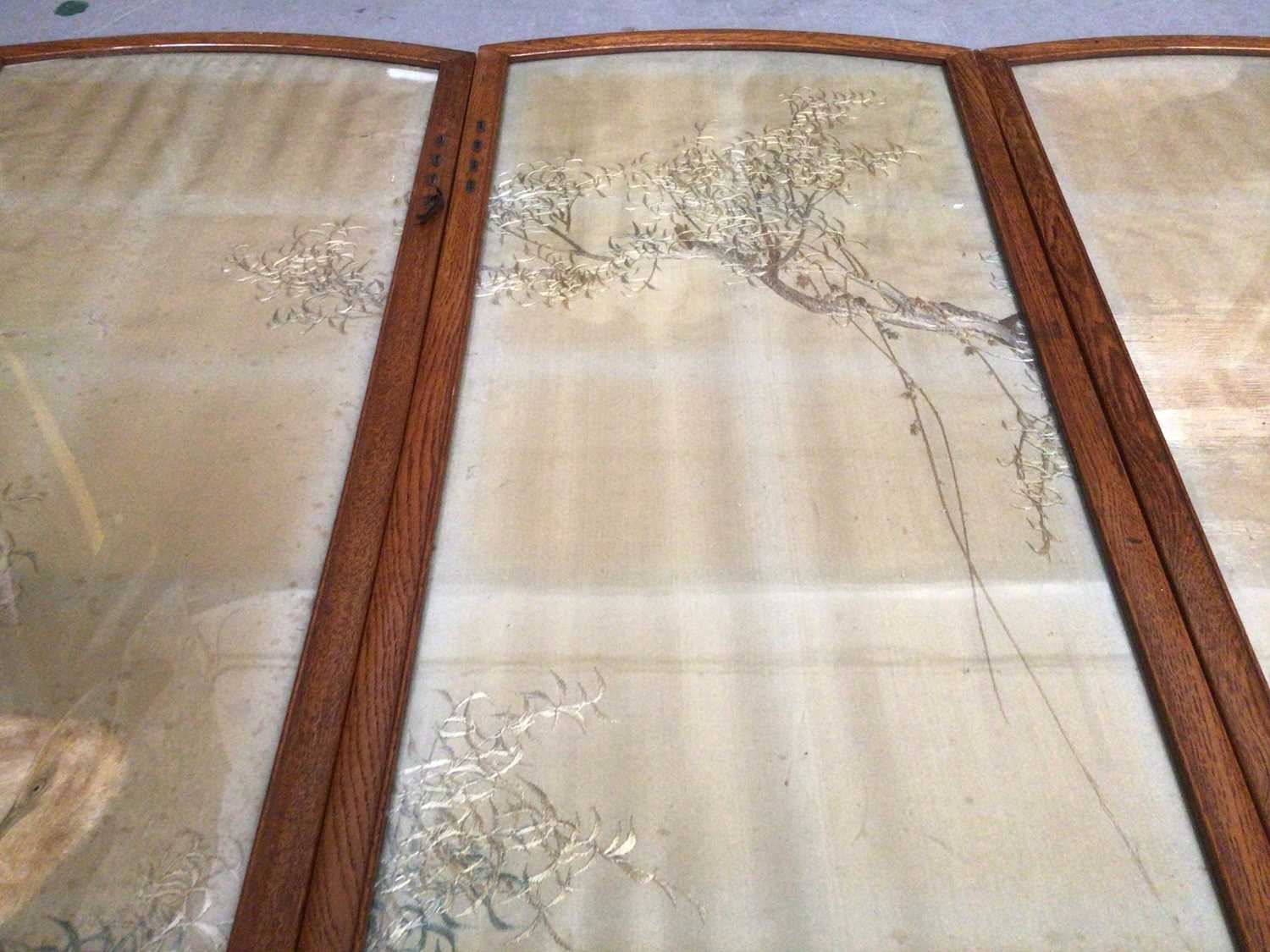 Four Japanese embroidered silk panels in oak interlacing frames making up a small folding screen, mu - Image 5 of 21