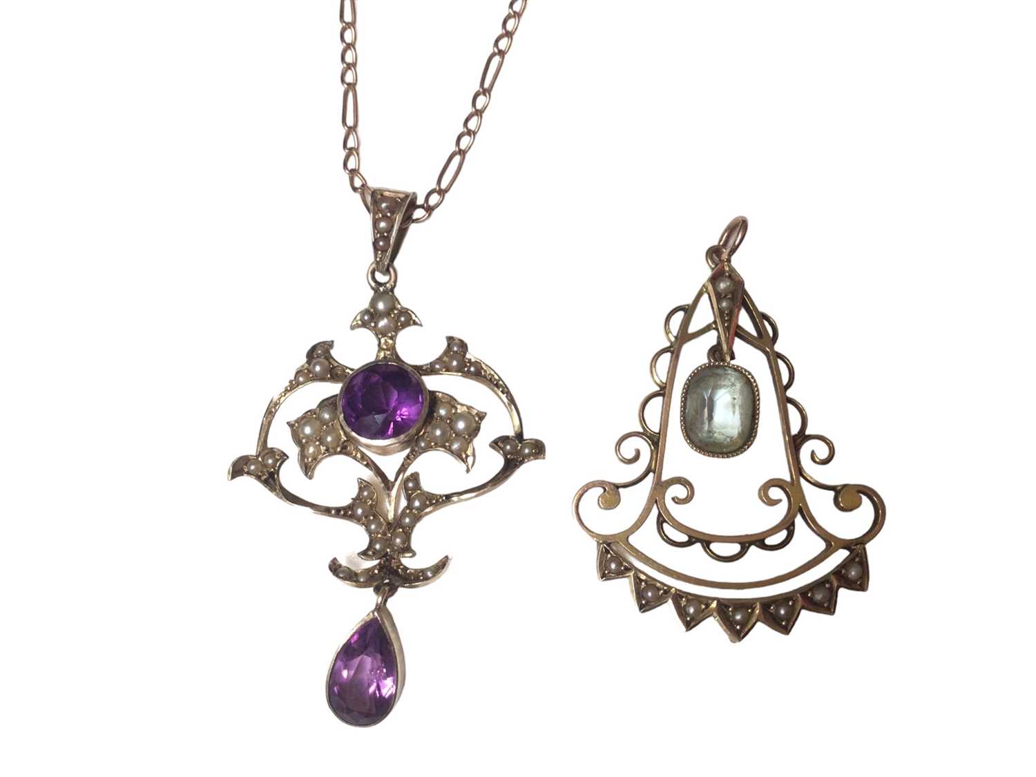 Edwardian gold amethyst and seed pearl pendant necklace on chain together with an Edwardian gold and