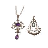 Edwardian gold amethyst and seed pearl pendant necklace on chain together with an Edwardian gold and