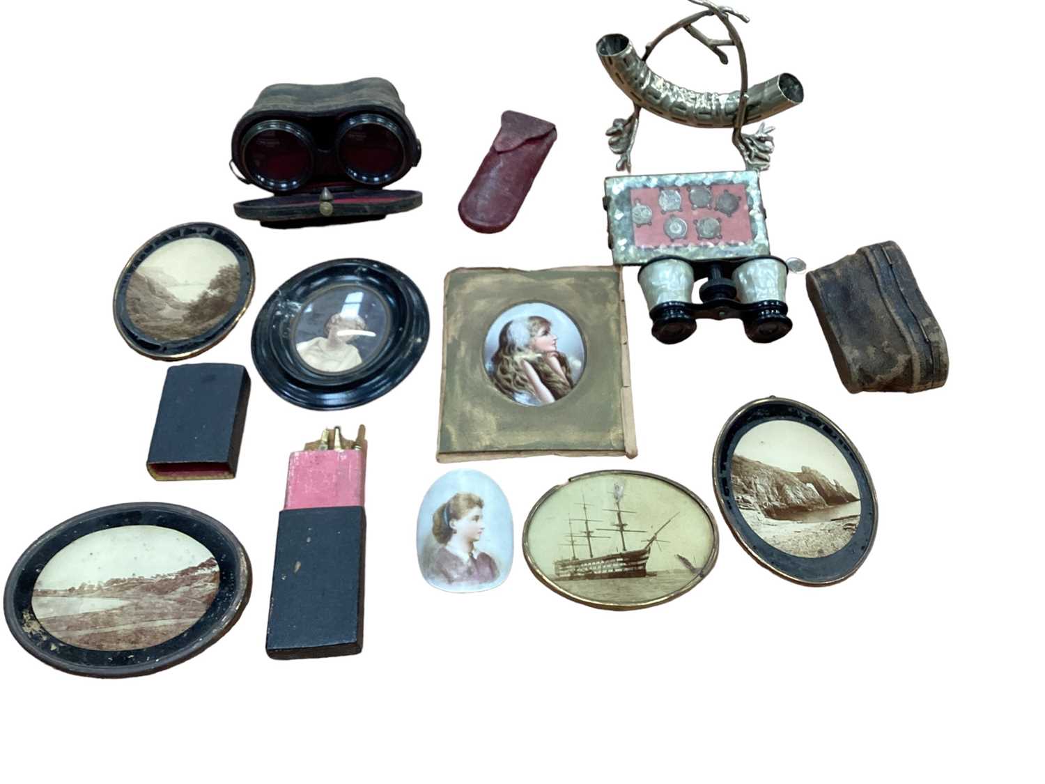 Lot Victorian photographs on glass including HMS Victory, opera glasses and sundries