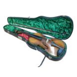 Antique violin and bow in case - two piece back