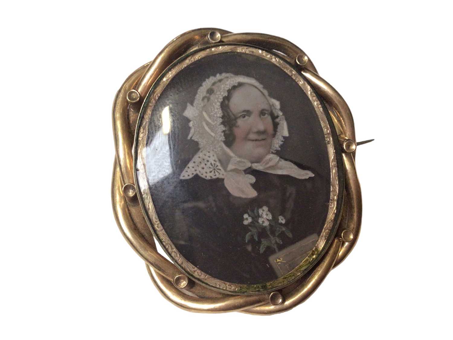 Four Georgian and later mourning and portrait miniature brooches including two with hairwork designs - Image 6 of 6