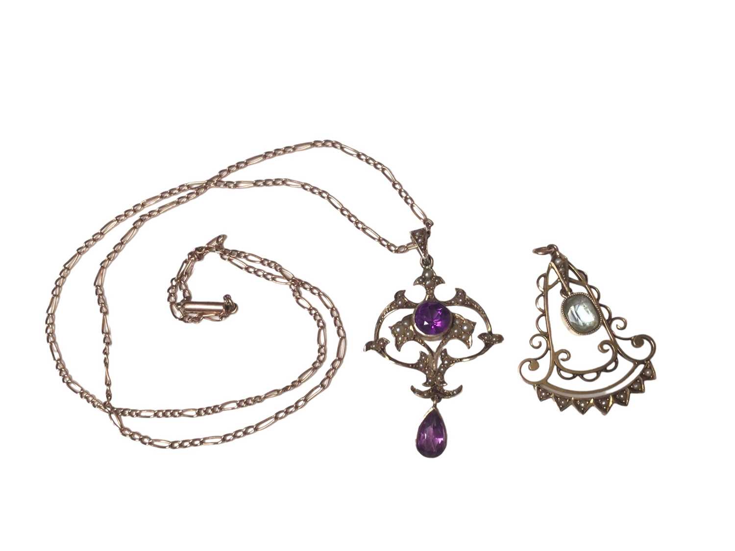 Edwardian gold amethyst and seed pearl pendant necklace on chain together with an Edwardian gold and - Image 3 of 3