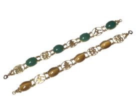 Two Chinese 14ct gold hard stone and character mark panel bracelets, both 18.5cm long