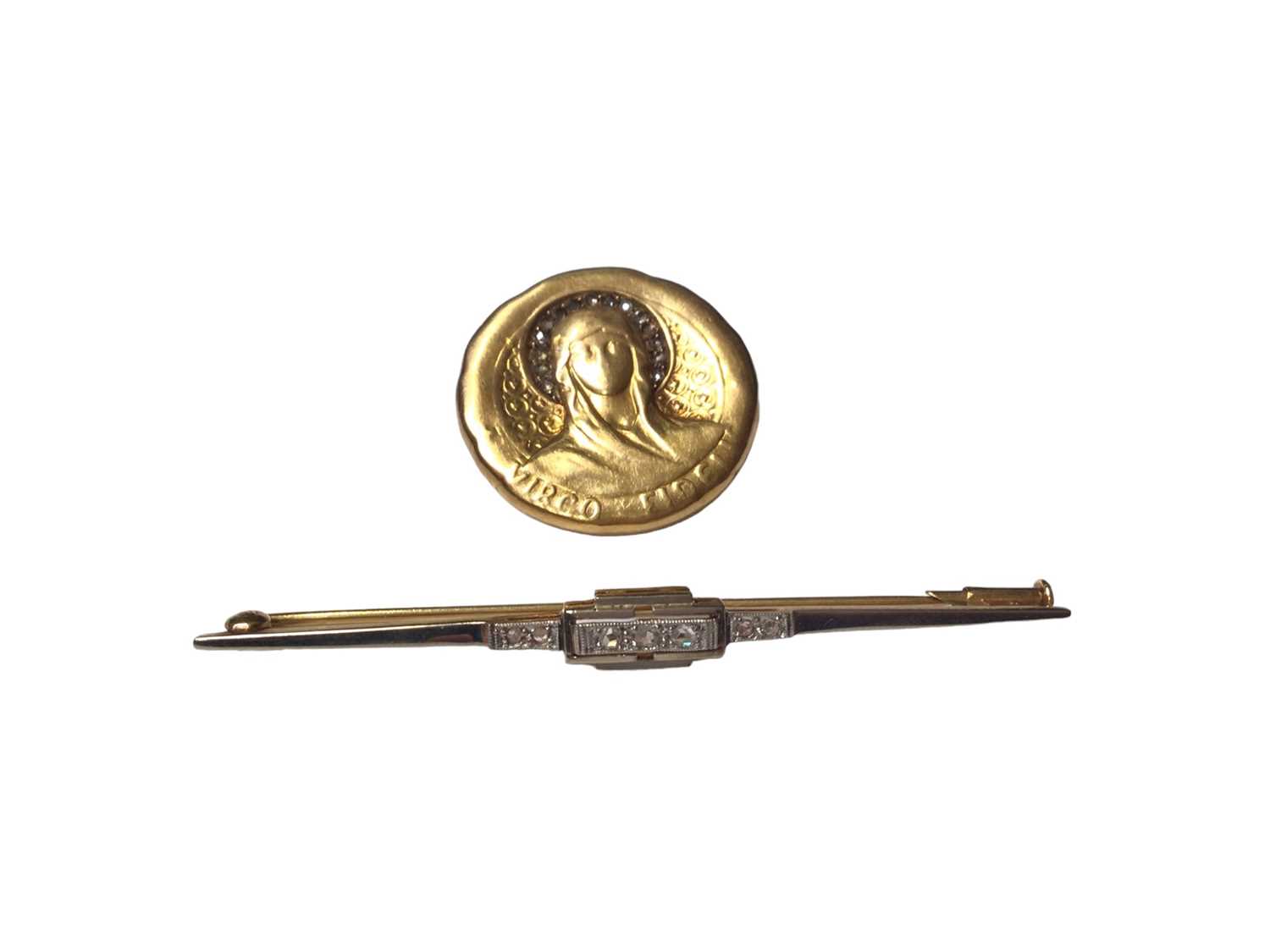 Yellow and white metal bar brooch set with rose cut diamonds and a yellow metal disc 'Virgo Fidelis'
