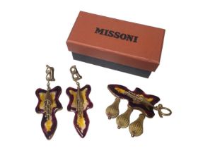 Missoni designer brooch and earrings with stylized enamel orchid design, the brooch signed to the re