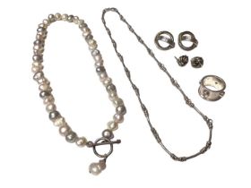 Silver fancy link chain, pearl necklace with silver T-bar clasp, silver gem set ring and two pairs o