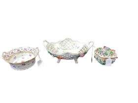 Dresden porcelain basket with floral encrusted decoration, similar pot and cover and a similar Dresd