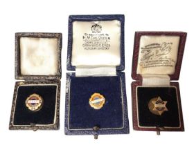 Three 9ct gold, enamel and diamond set long service pins for Esso and A.A.O.C.L, in fitted cases