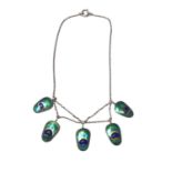 Art Nouveau style white metal and enamel necklace with five suspended pendants resembling peacock fe
