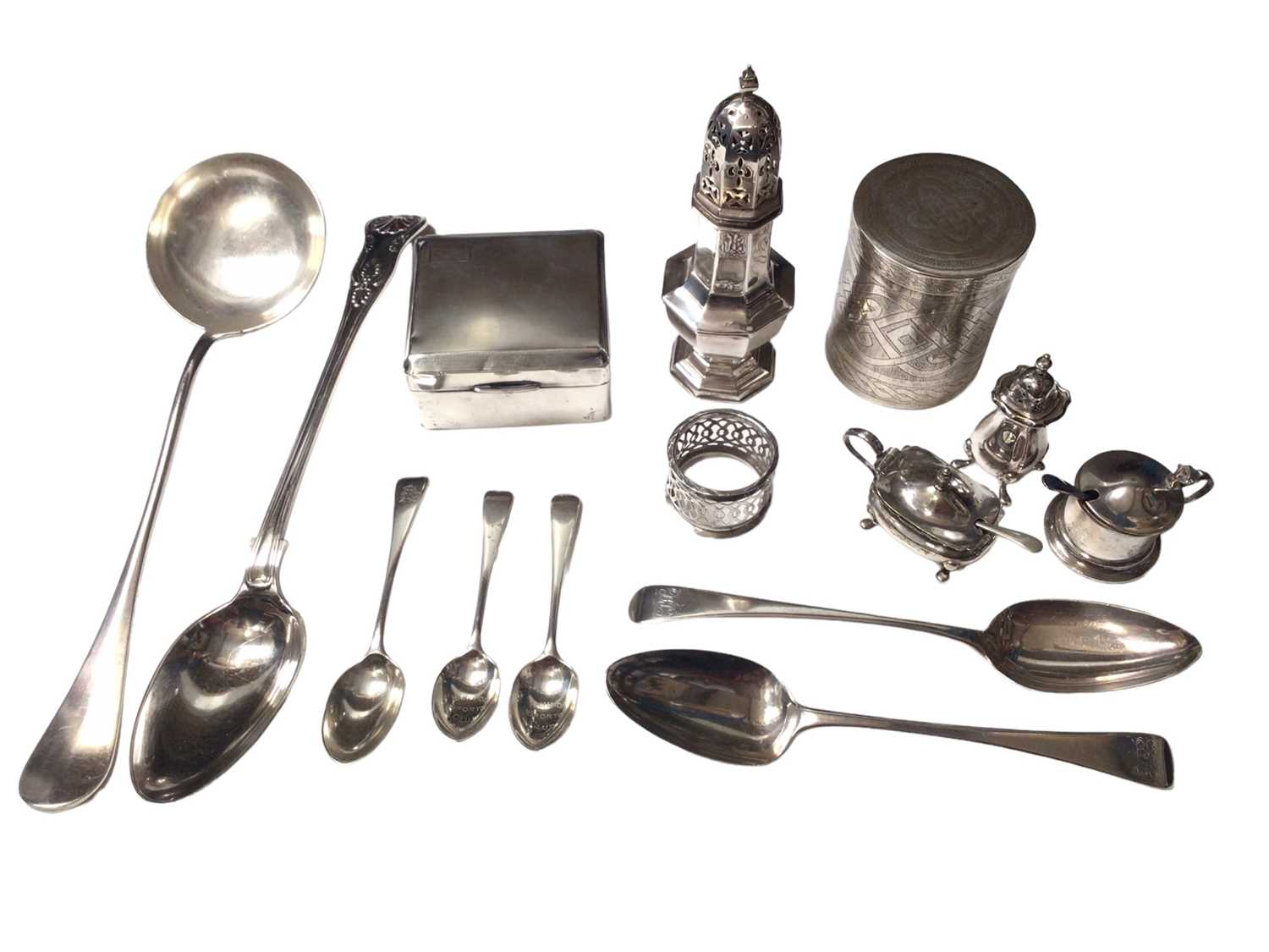 Group of silver to include pair of Georgian tablespoons, three teaspoons, cigarette box, octagonal s
