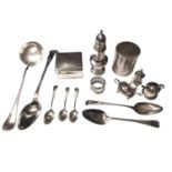 Group of silver to include pair of Georgian tablespoons, three teaspoons, cigarette box, octagonal s