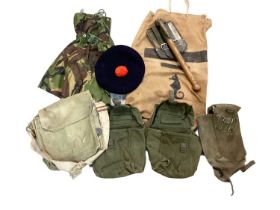 1960s British military trenching tool, canvas webbing items and various camouflage and other uniform