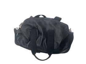 Boss black leather holdall with canvas carrying handles, padlock and key.