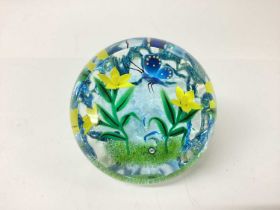 William Manson Snr glass paperweight, signed, daffodils with blue butterfly
