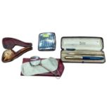 Silver cigarette case, together with a meerschaum pipe (cased), folding lorgnettes, Parker pen and e