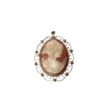 Carved shell cameo pendant/brooch in 9ct gold mount, 45mm.