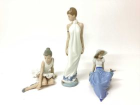 Six Nao porcelain figures including lady in white dress, 31cm high, ballerina, girl holding a pink f