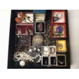 Group of vintage silver jewellery, paste set buckle, pair of cameo earrings, silver and enamel fob,
