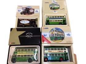 Corgi diecast Commercials Buses & Tram, plus Whizzwheels Citroen DS No.510, all boxed (8)